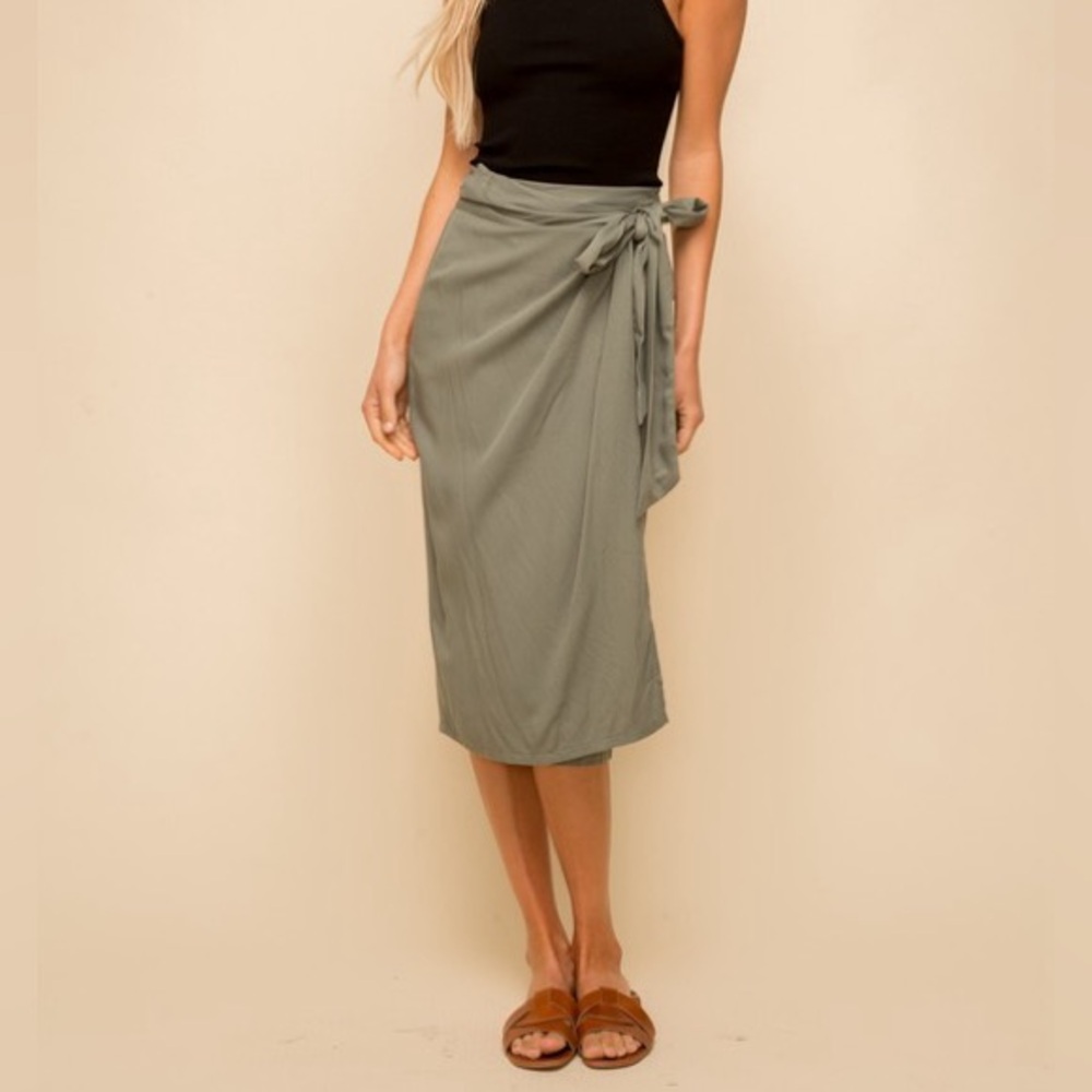 Olive Tie Waist Wrap Midi Skirt